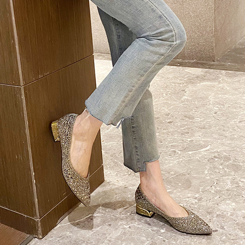 Ladies 9c2d6 Heels 3/5cm Med-High Glitter Rivet Pumps Black&Gold Dia Loafers Women Pointed Toe Wedding Dress Shoes Female