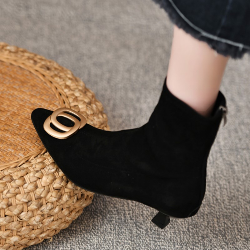 New Women's Ankle Boots Faux Suede Dress Shoes Pointed Toe Black Booties Mid Heels Back Zip Elegant botas mujer Winter 1577N