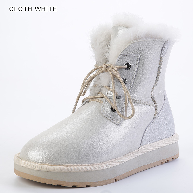 INOE Real Sheepskin Leather Natural Wool Fur Ed Winter Snow Boots For Women Fashion Short Ankle Warm Shoes White Flats