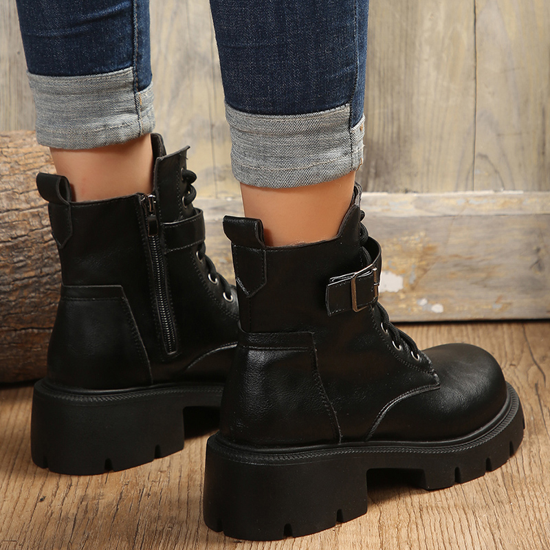 Buckle Belt Platform Combat Women Chunky Heels Lace Up Ankle Boots Woman Side Zipper PU Leather Short Booties Plus Size 43 7600