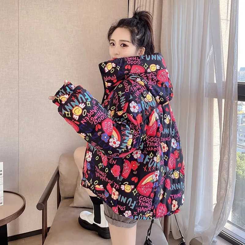 Womens Down Parkas Winter new down cotton jacket womens short sleeved printed loose hooded cotton jacket womens fashionable fully matched casual park 