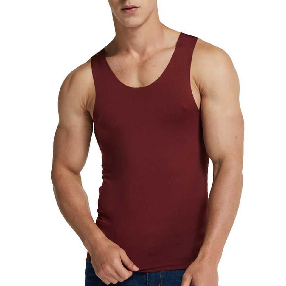 Mens sleeveless ice silk high elasticity seamless vest top pleated tee casual vest trackless sport bottom mens vestW240718
