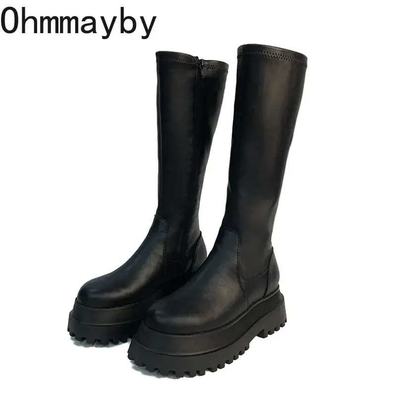 2024 Winter Chunky Platform Heels Long Boots Round Toe Zipper Thick Sole Ladies Fashion Winter Women's Knee High Boots