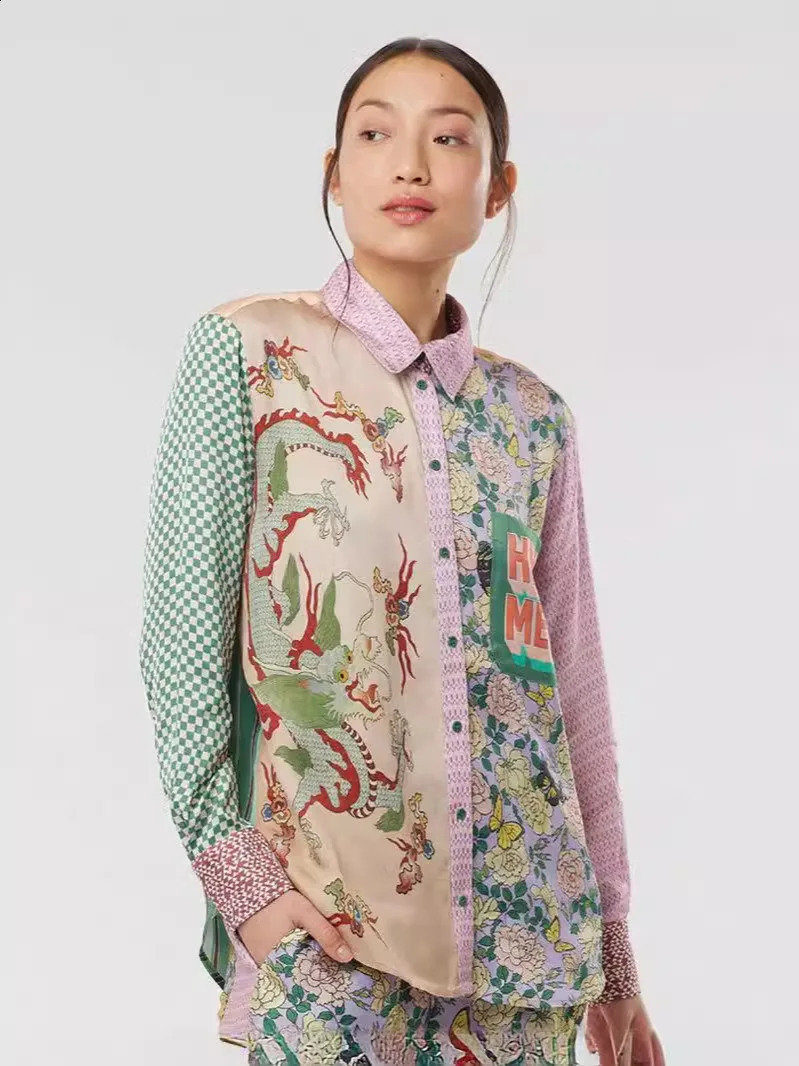 Fashion Graffiti Long Sleeve Turndown Collar Blouse Vintage Print Graphic Shirt 2024 Cardigan Casual Streetwear Clothing 240819