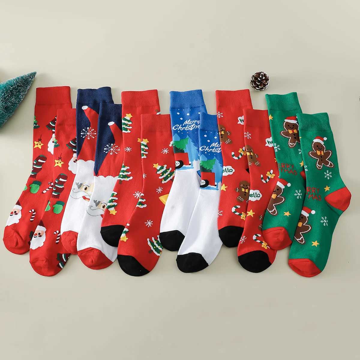 Men's Socks 6 Pairs Women Christmas Socks Cartoon Santa Claus Snowflake Xmas Tr Gifts Pattern Crew Funny Happy Socks New Year Y240830BQVH