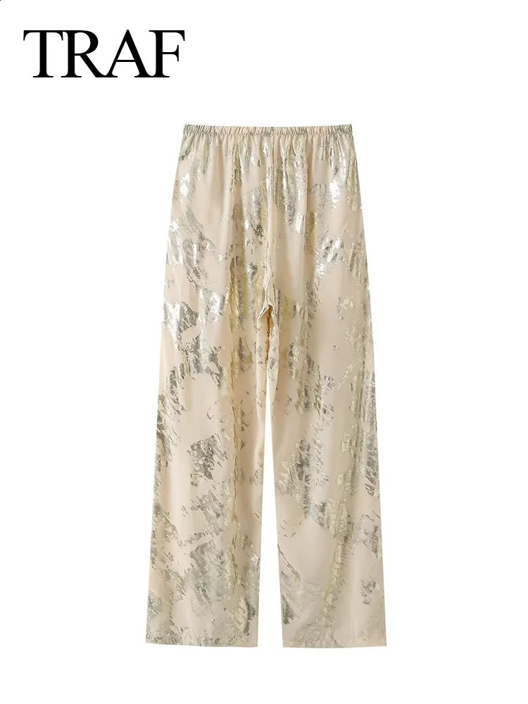 TRAF Womens Y2K Fashion Pants Baggy Metal Printed Pants Tied Straight Female Spring Autumn Causal Trousers Streetwear 240829
