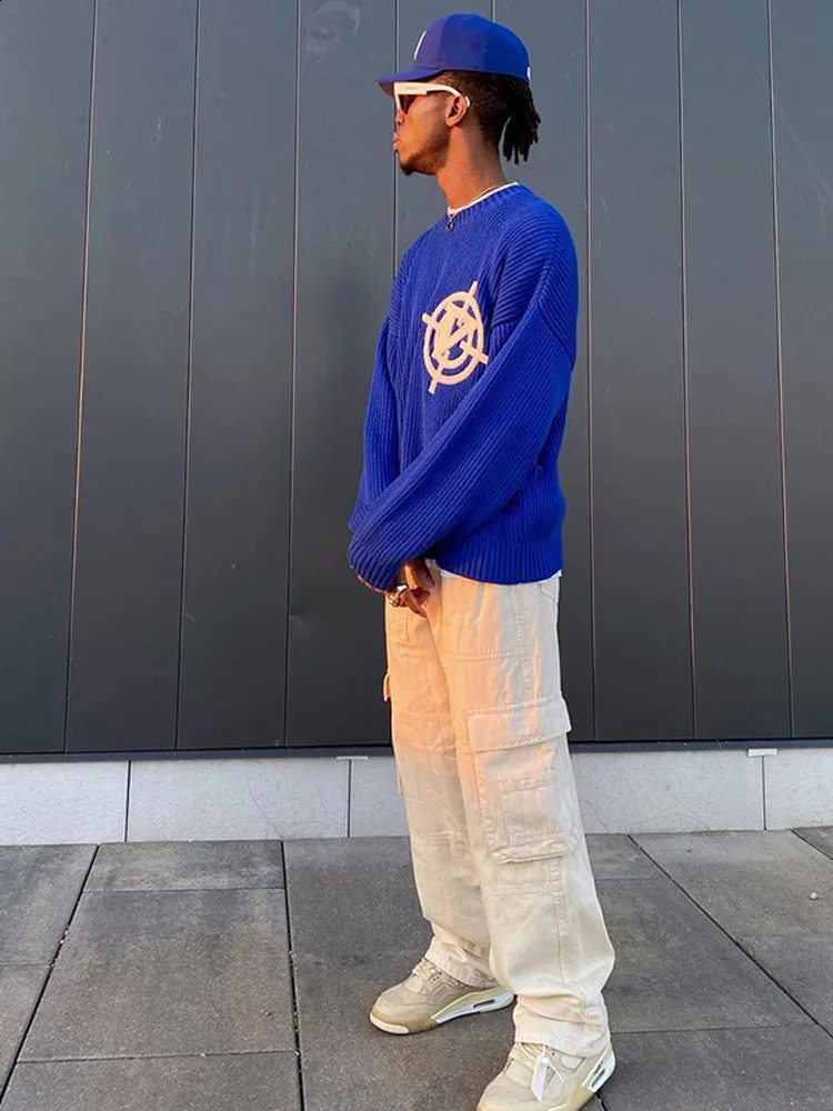 Mens waist letter printed O-neck sweater loose long sleeved solid warm pull jumper autumn fashion mens knitted sweater 240829