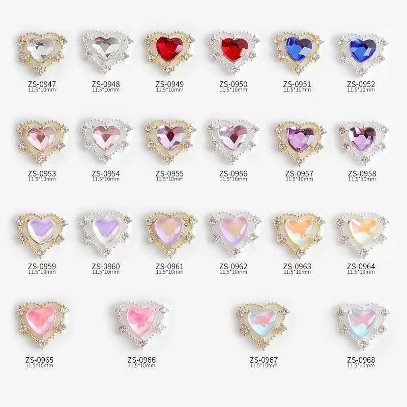10Pcs 11.5x10mm heart-shaped design charm used for nail art alloy accessories aurora gemstones used for multi-color nail rhinestones W240829