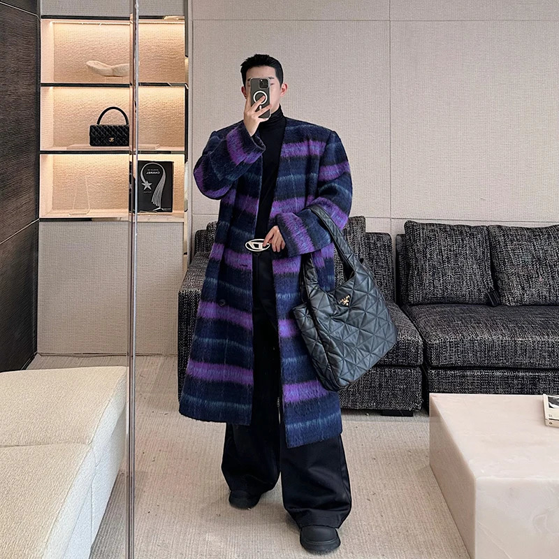 NOYMEI winter plain weave n wool coat thick purple long fully matched Korean style collarless coat for men WA3536 240829