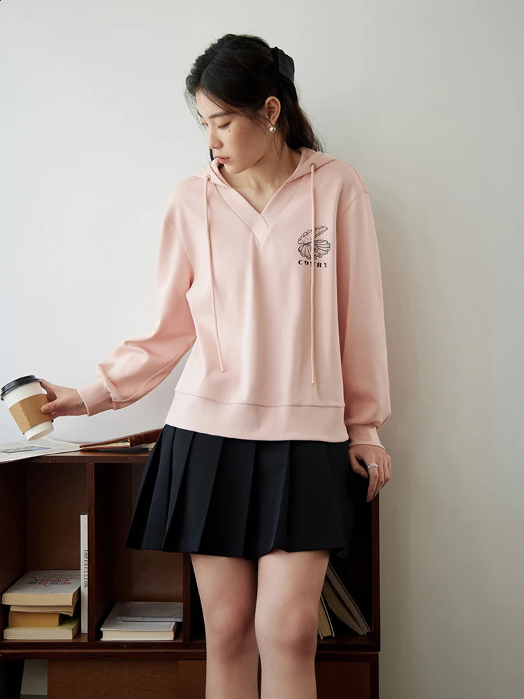 DUSHU Vneck hooded collar n cotton black commuting sweatshirt spring lightweight straight sleeved 240827