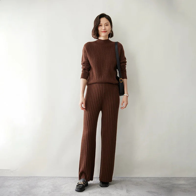 Womens fashionable autumn and winter cashmere wide leg pants 7needle double rope thick knitted straight 240827