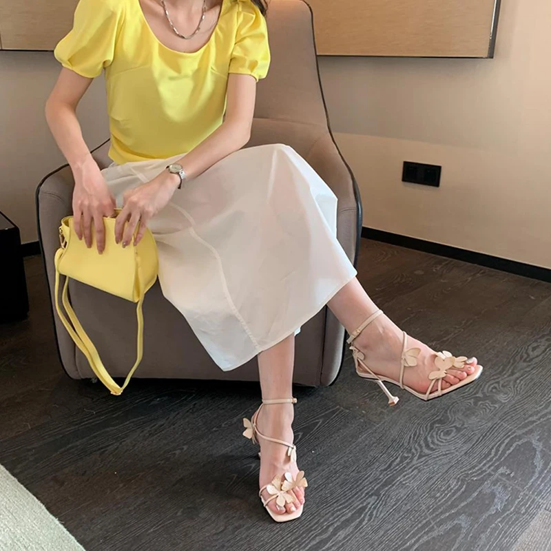 2025 new Butterfly Purple High Heeled Women Summer Casual Square Toe Sandals Woman Thin Heels Ankle Straps Party Shoes 5fd1