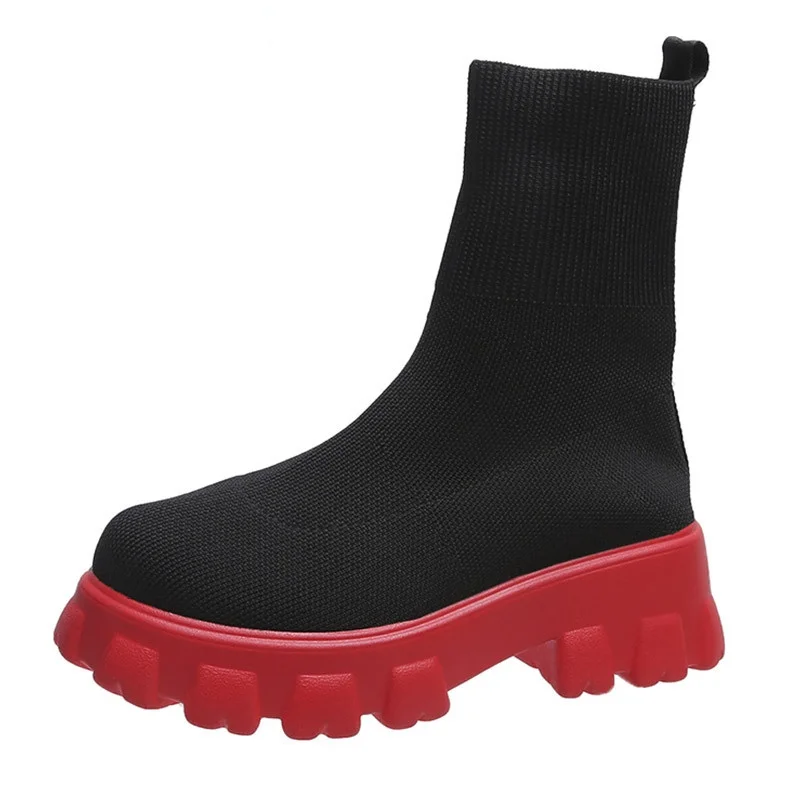 Autumn Women 2023 New Platform Breathable Knitted Elastic Wedges Soc Bottom Thick Heel Ankle Boots Woman 2f61
