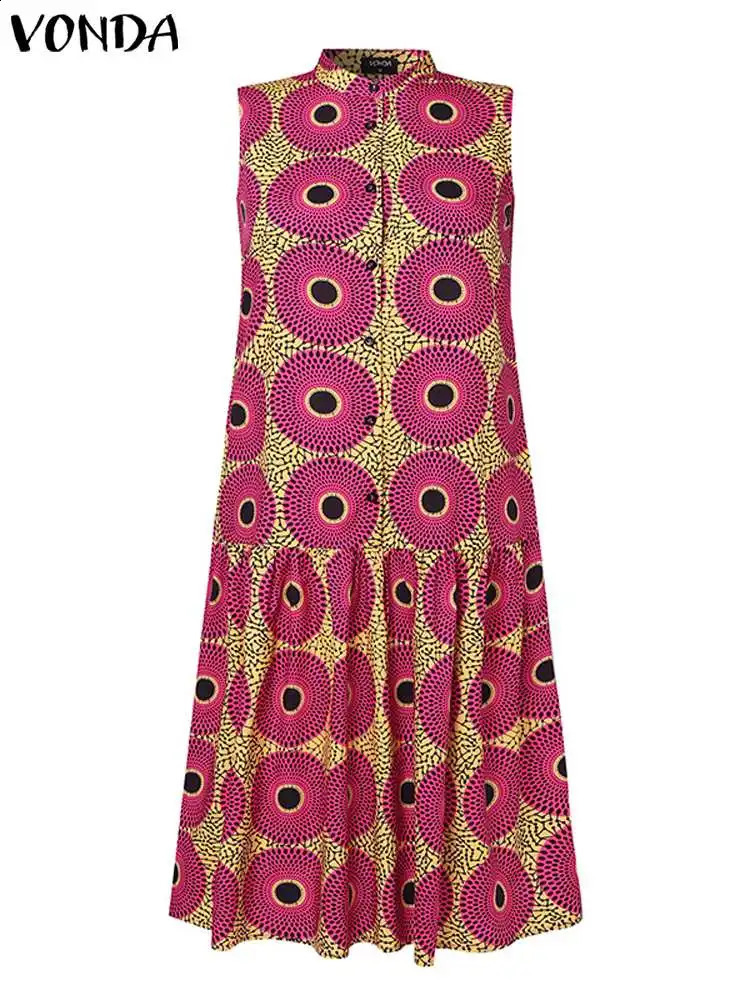 VODA Bohemian Long Sun Skirt Womens Printed Midi Dress 2024 Sleeveless Ruffle Party Tank Top Button Casual Loose Sun Skirt 240830