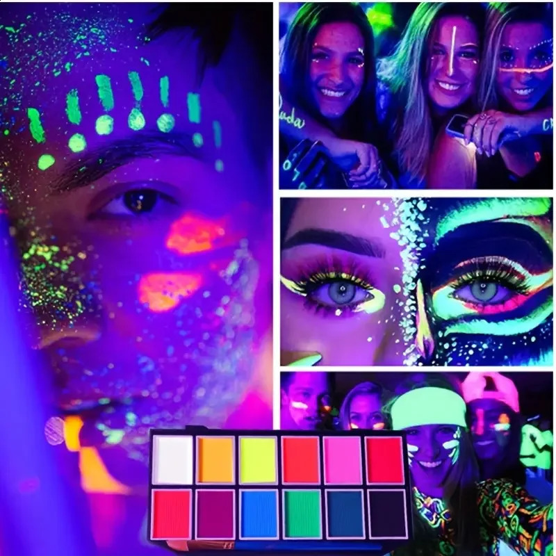 12 color water-based UV luminous body painting makeup palette Halloween fluorescent neon painting costume role-playing makeup 240829