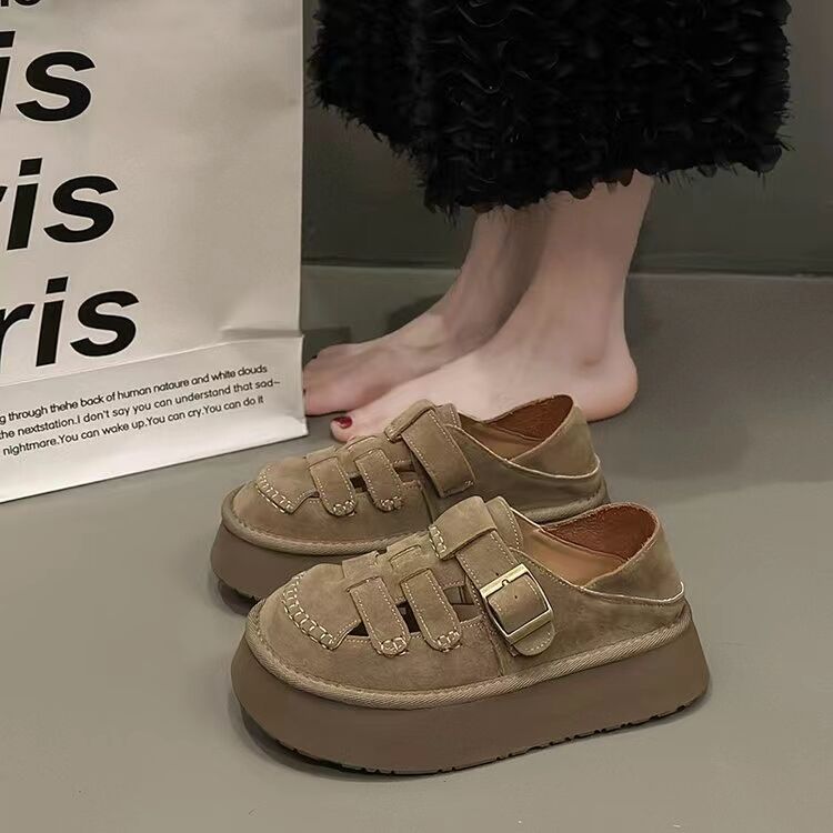 Retro Shoe Hollow-out Round Head Deep Mouth Single Shoe Women 2024 New Spring Platform Slip-on Bao Head Sandals Womens Shoes
