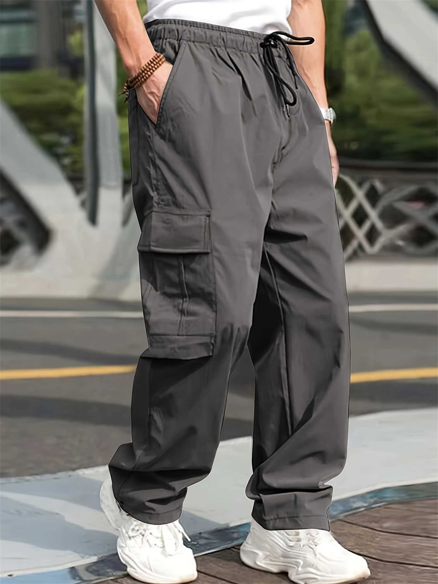 2024 Spring/Summer New Mens Casual Pants Solid Color Brushed Multi Pocket Sports Running Straight Work Pants W250318