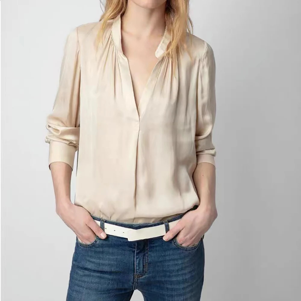 ZESSAM Solid Graphic Print Women TShirt Summer VNeck Long Sleeve Buttons Lady Pullover Classic Casual Femme Top 240827