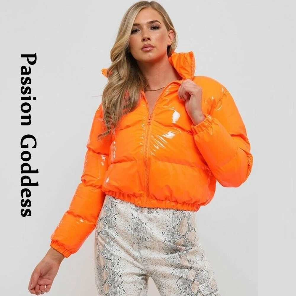 Women's Down Parkas Autumn Winter Women Bright Leather Puffer Jackets Warm Loose Cute Bubble Coats Parkas Down Stand Collar Solid Color Parkas XX