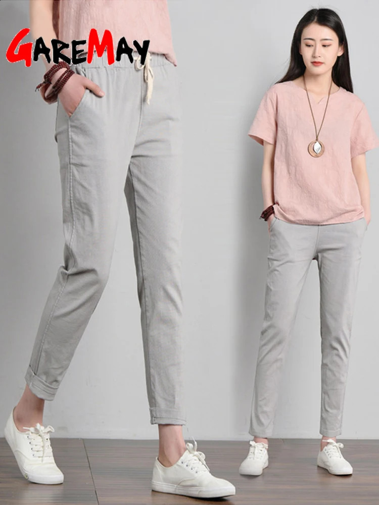 Garemay Cotton Linen for Trousers Loose Casual Solid Color Women Harem Pants Womens Summer 240829