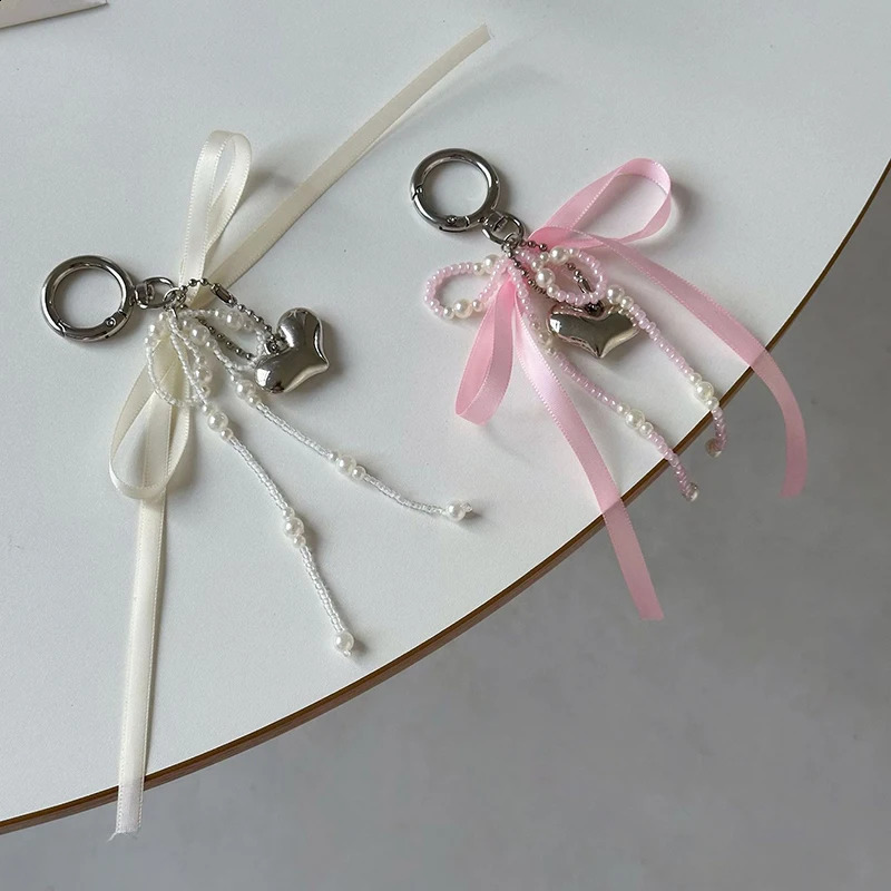 Pearl Bow Key Ring Ribbon Beaded Keychain Korean Style Hanging Accessories Y2k Heart Bag Pendant Decor y241226