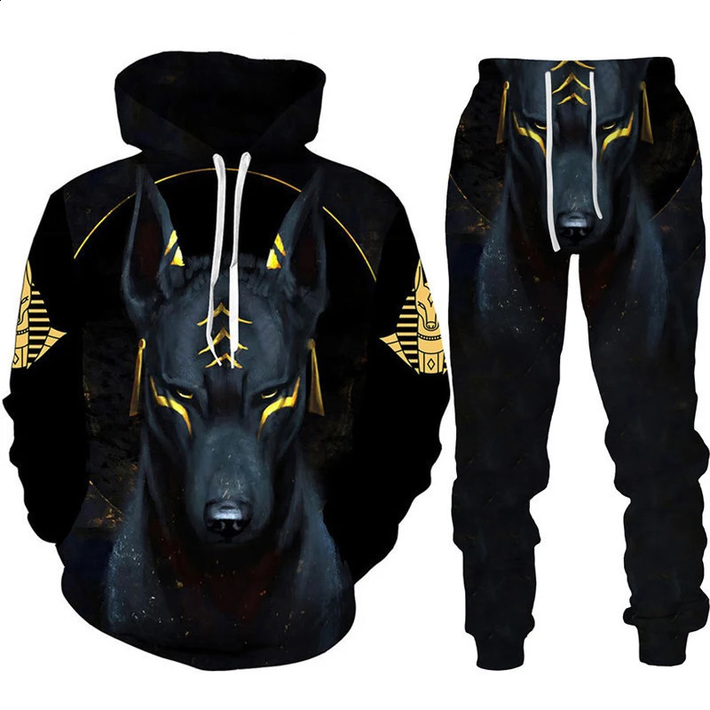 Ancient Horus Egyptian style 3D printed track suit set mens hooded sweatshirtpants 2-piece set oversized casual streetwear zipper clothing 240829