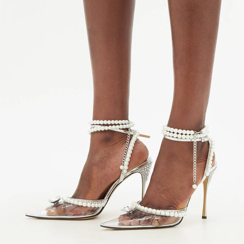 Fashion Clear Plexiglass Women Sandals Crystal Pearls Ankle Strap High heels Gladiator Sandals Spring Summer Party Prom Shoes