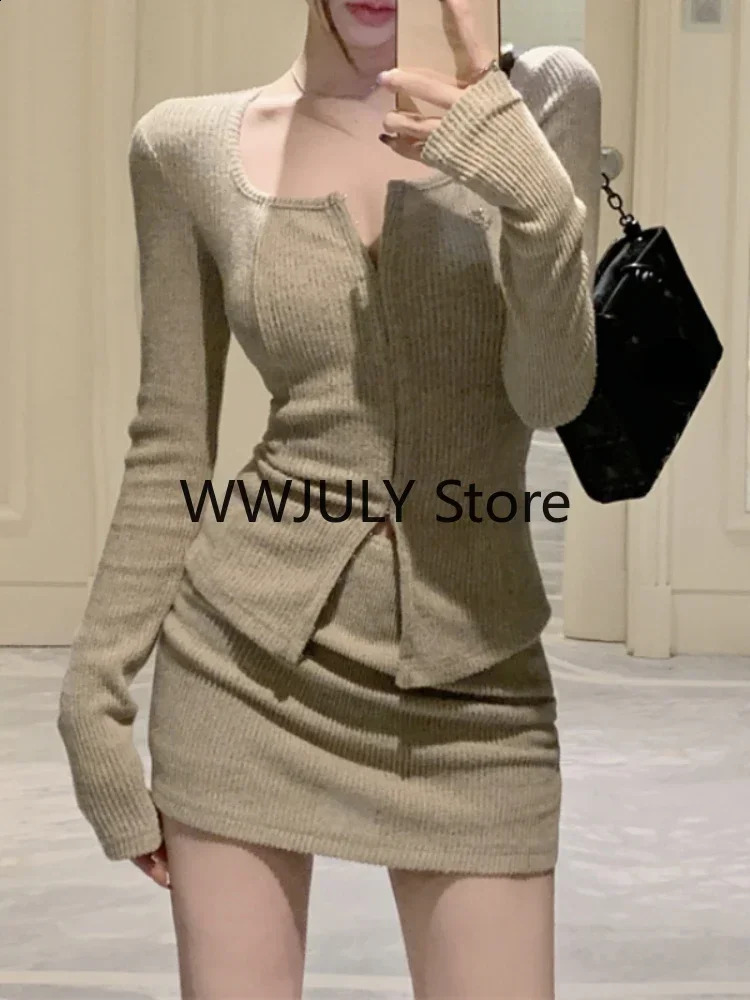 Autumn Sexy 2 Piece Dress Set Elegan Casual Long Sleeve Knitted Suits Y2k Crop Tops Bodycon High Waist Mini Skirt Korean