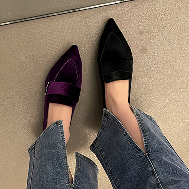Women's Velvet Flats Pointed Toe Slip on Flat Shoes Woman Loafers Sewing Boat Shoes Plus Size 42 Black Green Brown Purple 1106N