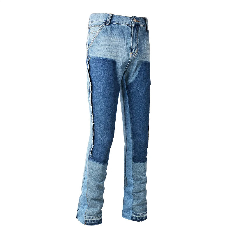 European and American High Street Washed Splicing Multipocket Blue Flared Jeans Retro Brushed Pants Trendy Denim Trousers 9307 240826Z