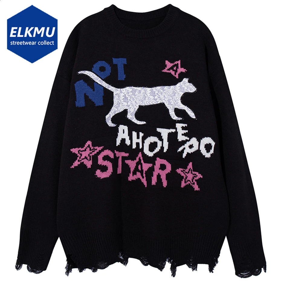 Hip Hop Mens Sweater Cat Letter Graphic Oversized Pullover Sweater Knitted Jumper Harajuku Street Clothing Black Loose Sweater 240829