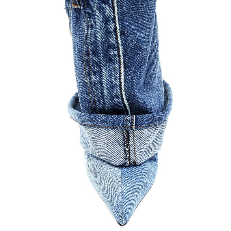 Blue Denim Slim Cuffed Short Rivet Pocket Design Pointed Toe Metal Buckle High Heel Fashion Large Size 45 Women Boots