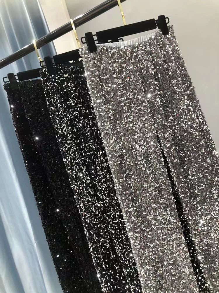 Circyy Y2k Womens Elastic Waist Shining Wide Leg Trouser Full Length Straight High Street Fashion 240827