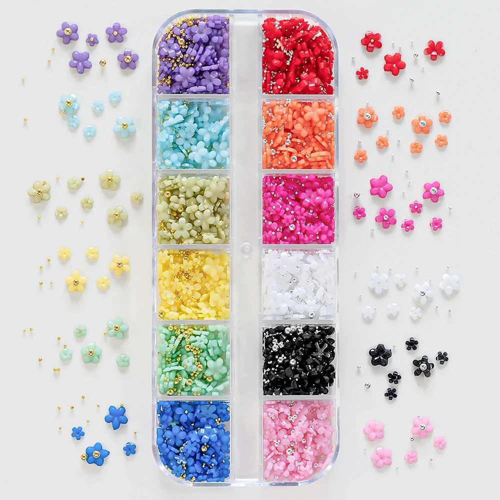 12 grid acrylic flower nail charm 12 color set 3D flower nail art Rhinestone mixed flower spring gemstone DIY nail supplies W240829