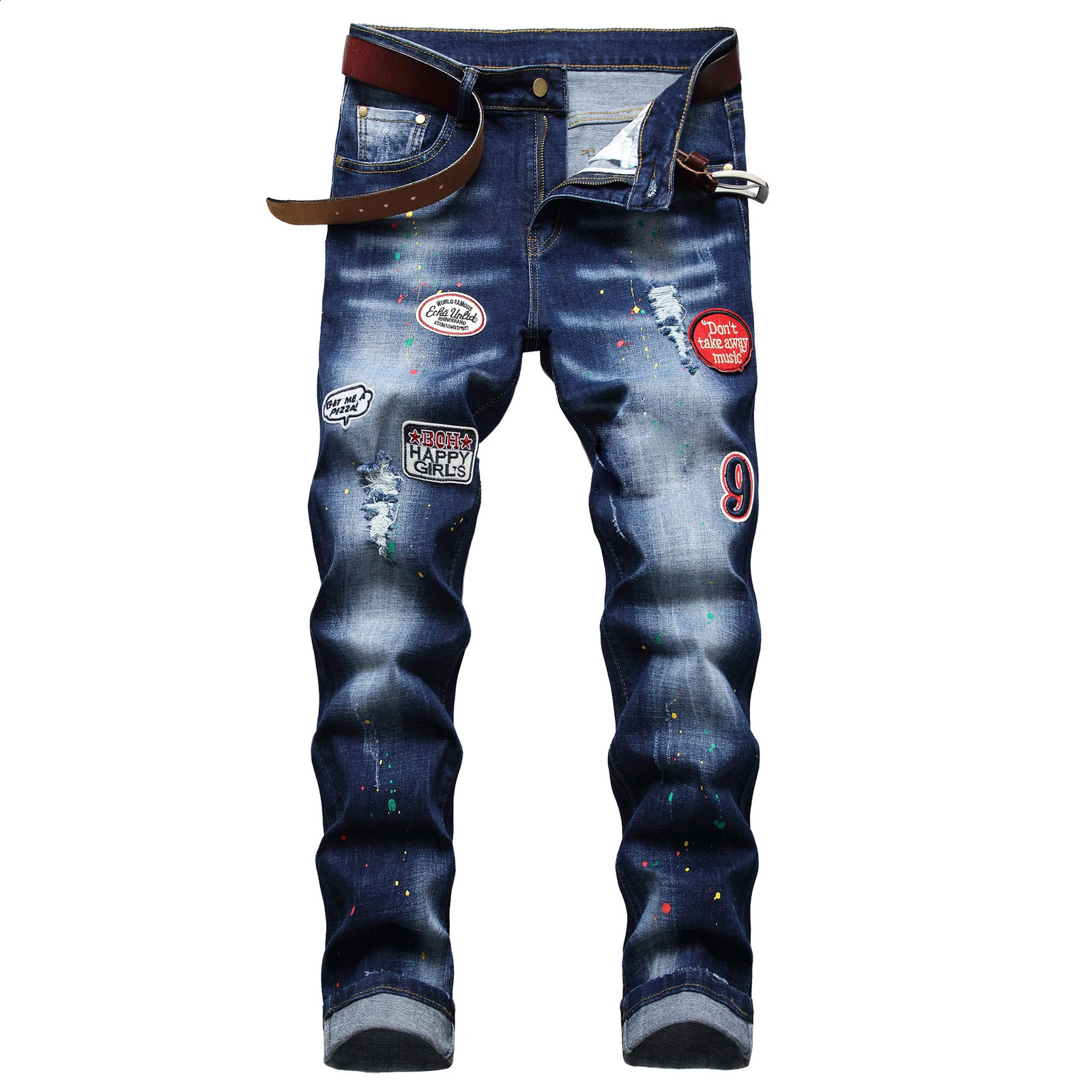 Mens fashion badge decoration tear hole jeans splash ink printed denim pants elastic slim straight casual jeans; 240829