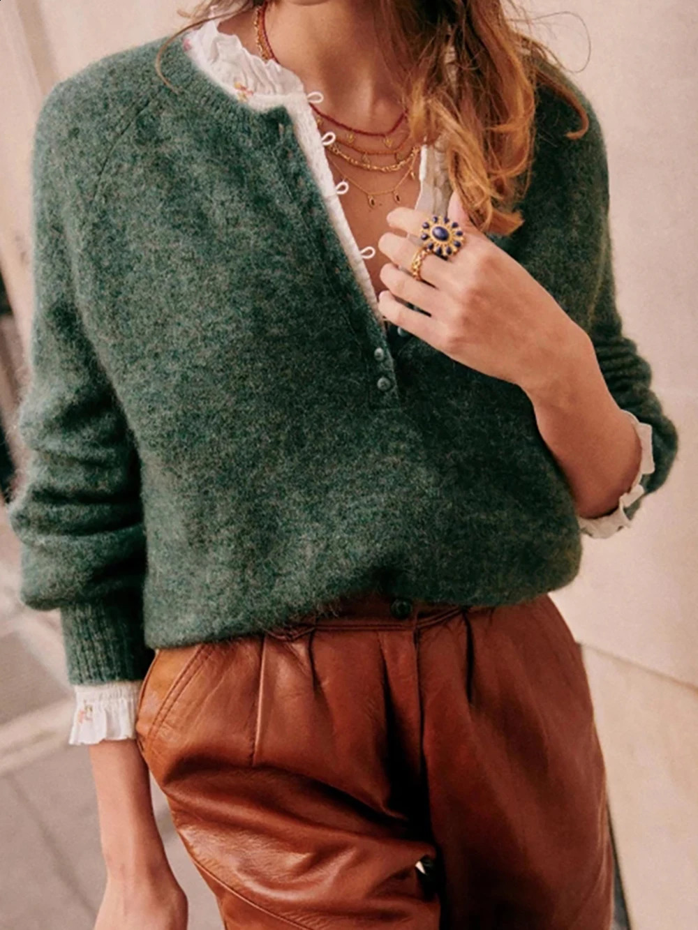 ZESSAM Solid Jacquard Knitted Woman Sweater Long Sleeve ONeck Stitching Female Pullover Classic Retro Lady Top 240827