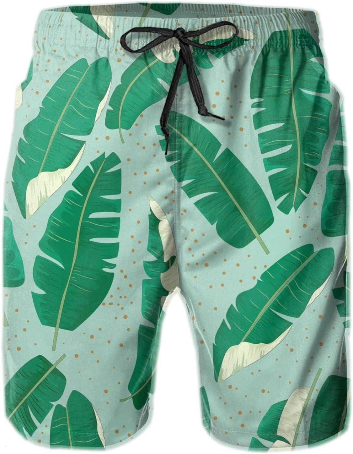 Mens Shorts 3D Printing Pattern Tropical Banana Leaf Swim Trunks Quick Dry Print Beach Board Swimwear