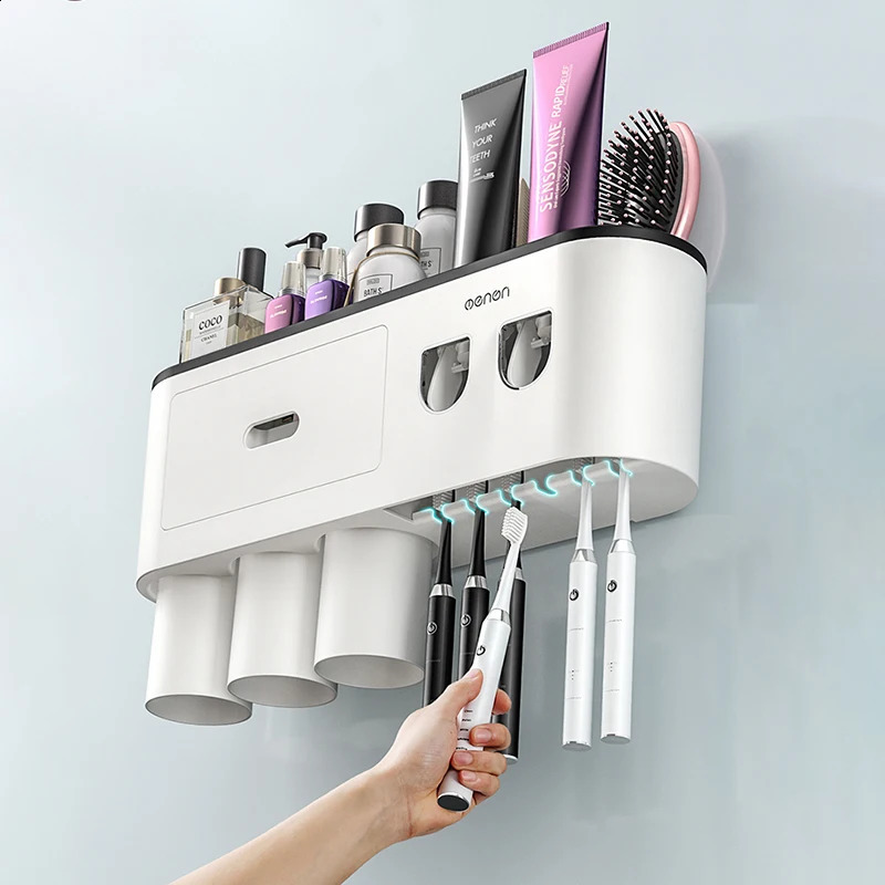 Wall-mounted Toothbrush Holder With 2 Toothpaste Dispenser Punch-free Bathroom Storage For Home Waterproof Bathroom Accessories 240830