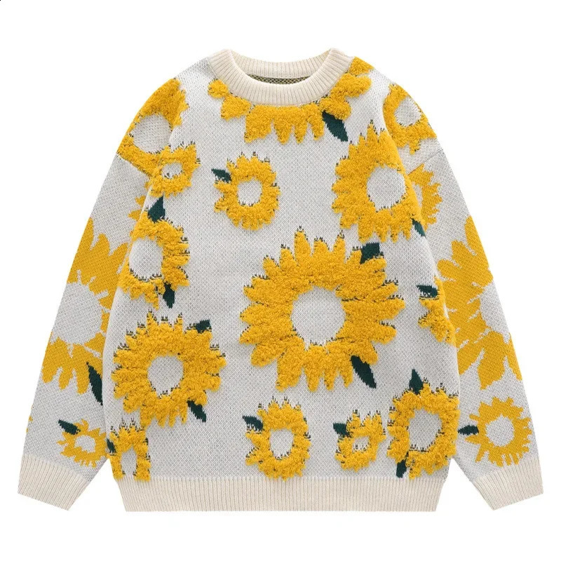 Couples loose knit sweater round neck oversized casual chrysanthemum print sweater mens street Harajuku fashion jumping autumn 240829