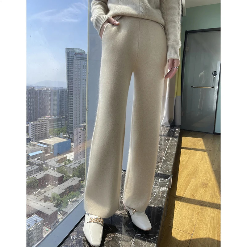 Knitted wide leg pants wool cashmere womens warm knit elegant loose 240827
