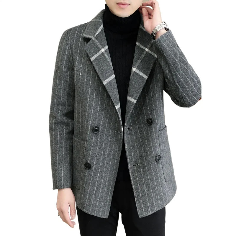 Double sided striped plain weave mens autumn and winter fashionable and handsome double-layer suit collar short wool coat 240829