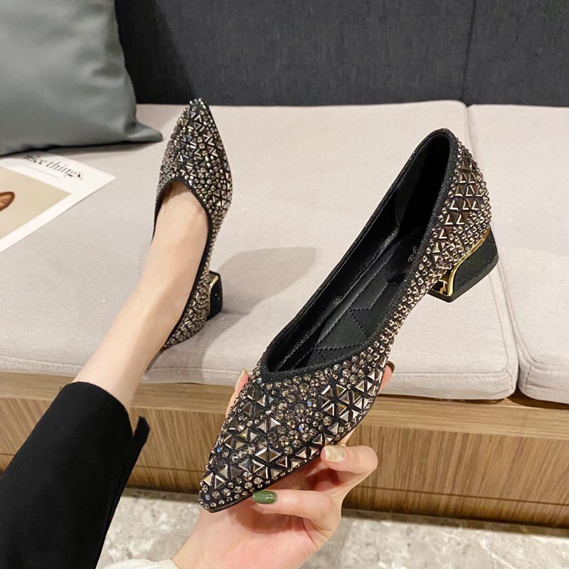 Ladies 9c2d6 Heels 3/5cm Med-High Glitter Rivet Pumps Black&Gold Dia Loafers Women Pointed Toe Wedding Dress Shoes Female