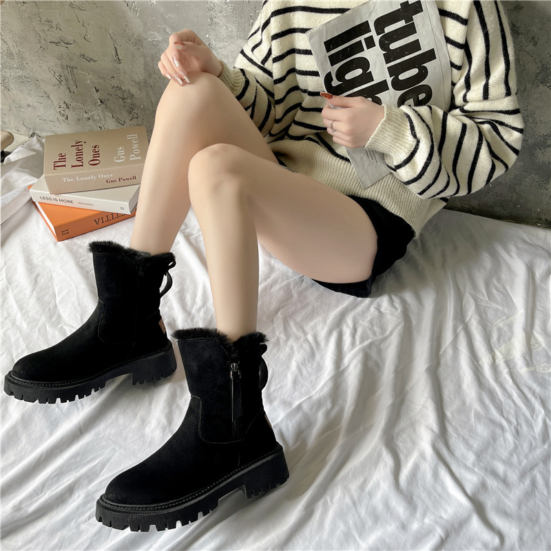 Women's British style cotton shoes with zipper and plush cotton boots