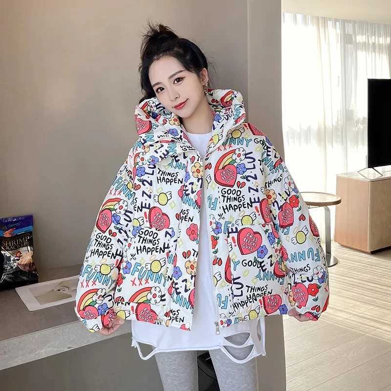 Womens Down Parkas Winter new down cotton jacket womens short sleeved printed loose hooded cotton jacket womens fashionable fully matched casual park 