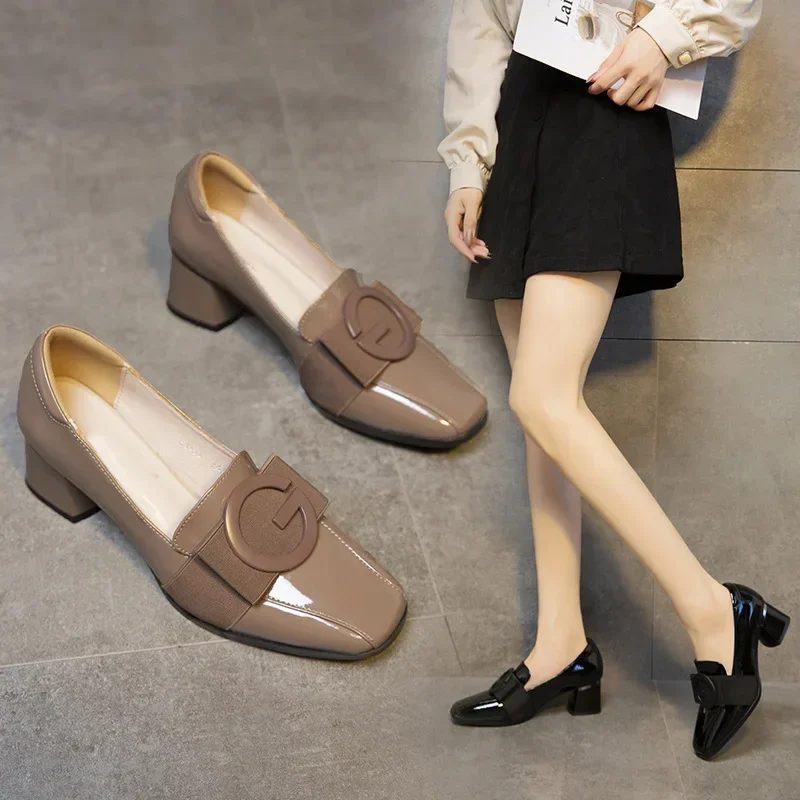 Heeled High Single Women's 2022 New Autumn Fashion Patent Block Heels British Style Love Small Leather Shoes Women 99ae