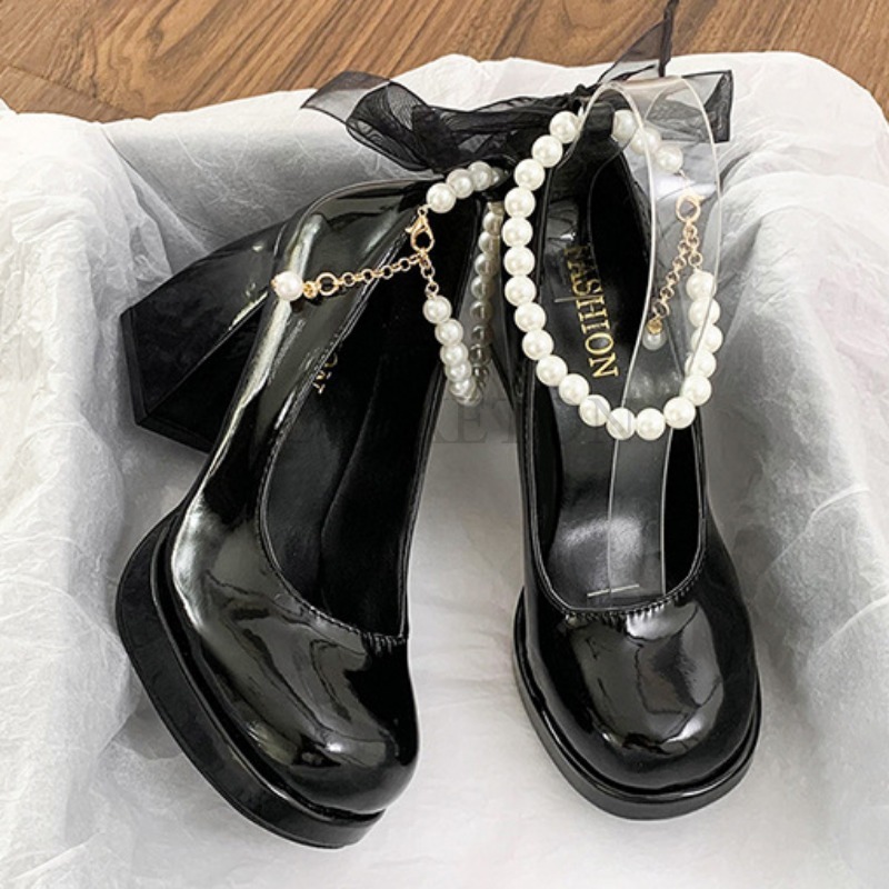 Ladies High Heels Elegant Bow Square Toe Black Fashion Women Pumps Thick Heel Wedding Party Pearl Lace Wedding Shoes for Women