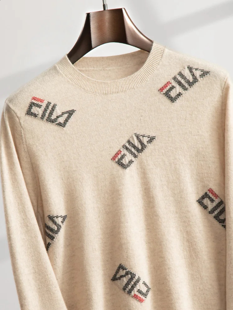 ANGEL Mens O-neck Shirt 100% Cashmere Knitted Lanhua Letter Jacquard Sweater Autumn/Winter Casual Long Sleeve Clothing 240829