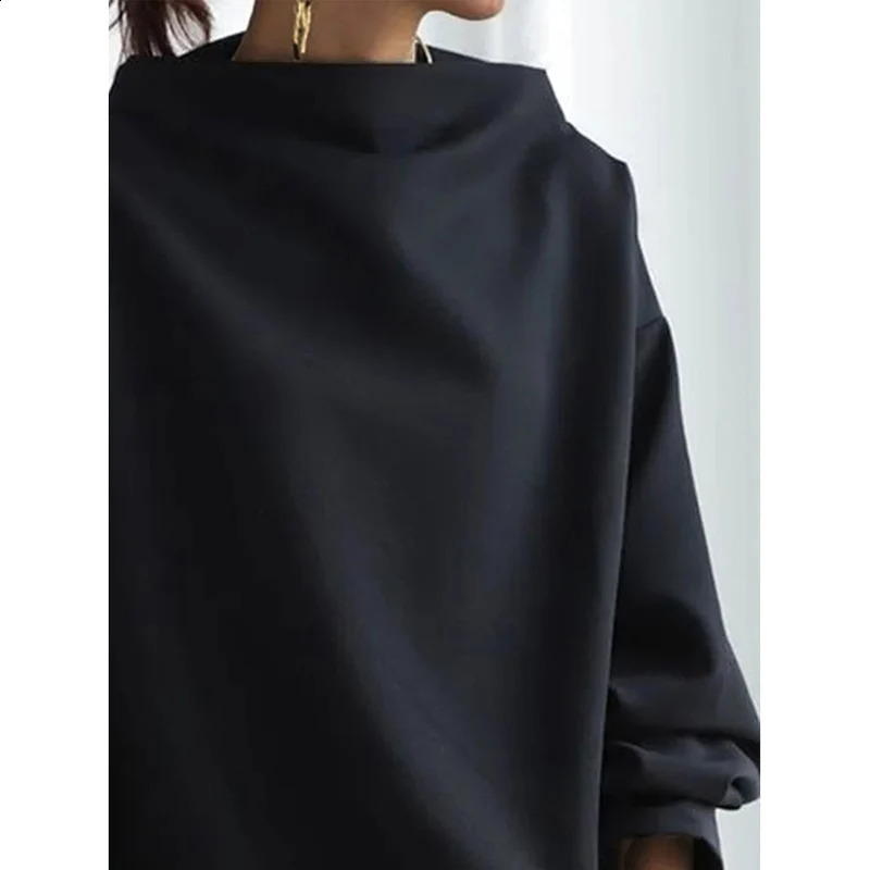 Jennifer black solid color loose long sleeved high neck sweater suitable for casual and simple occasions when going out 240827