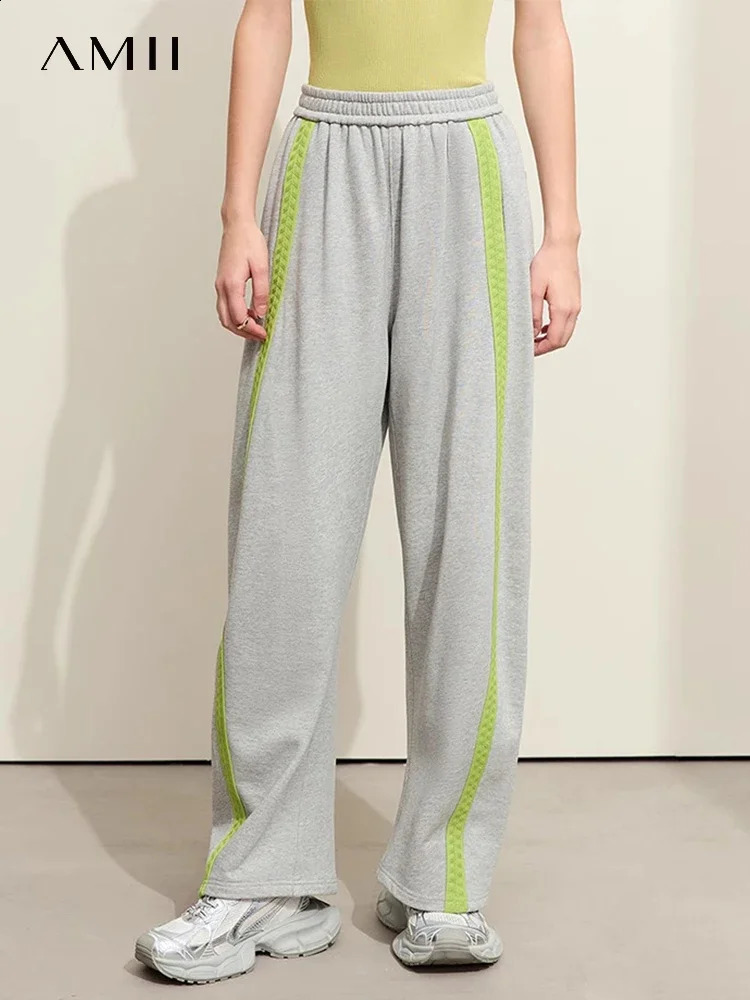 AMII Minimalist Womens Casual Pants Winter Sports Contrast Color Wide Leg Elastic Waist Cotton Trousers 12354064 240827