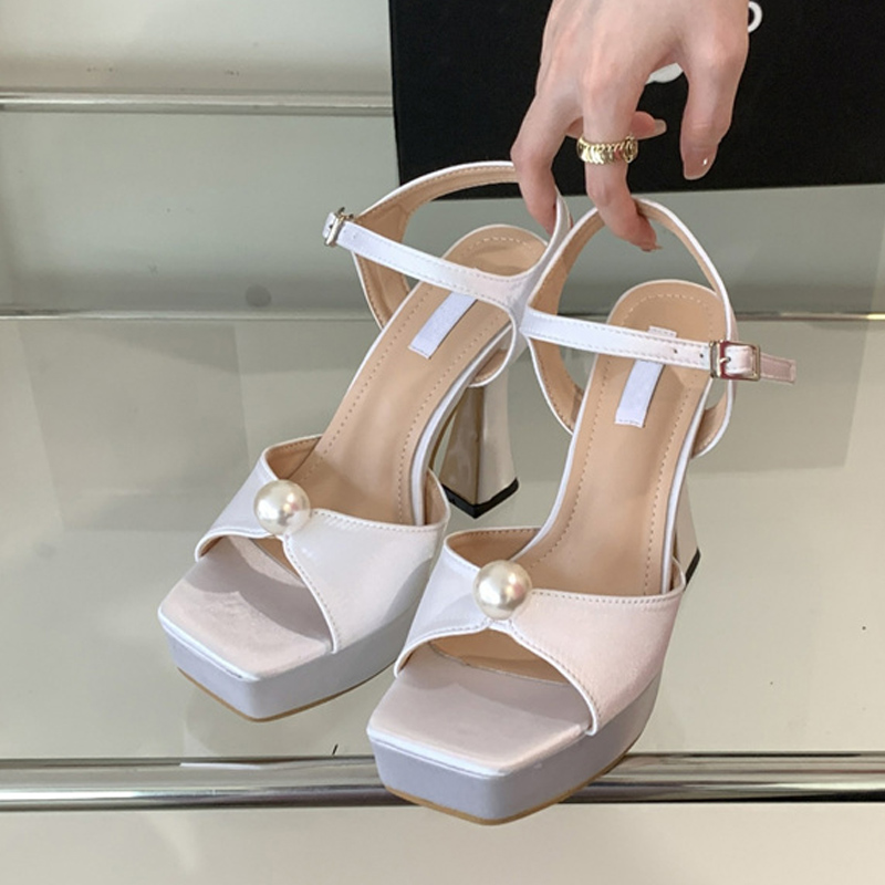 Liyke Brand Fashion White Pink Chunky Platform Sandals Women Pearl Design Square Toe Super High Heels Elegant Party Prom Shoes